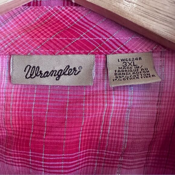 Wrangler Red Silver Studded Metallic Thread Pearl Button Plaid Western Shirt - Picture 5 of 5
